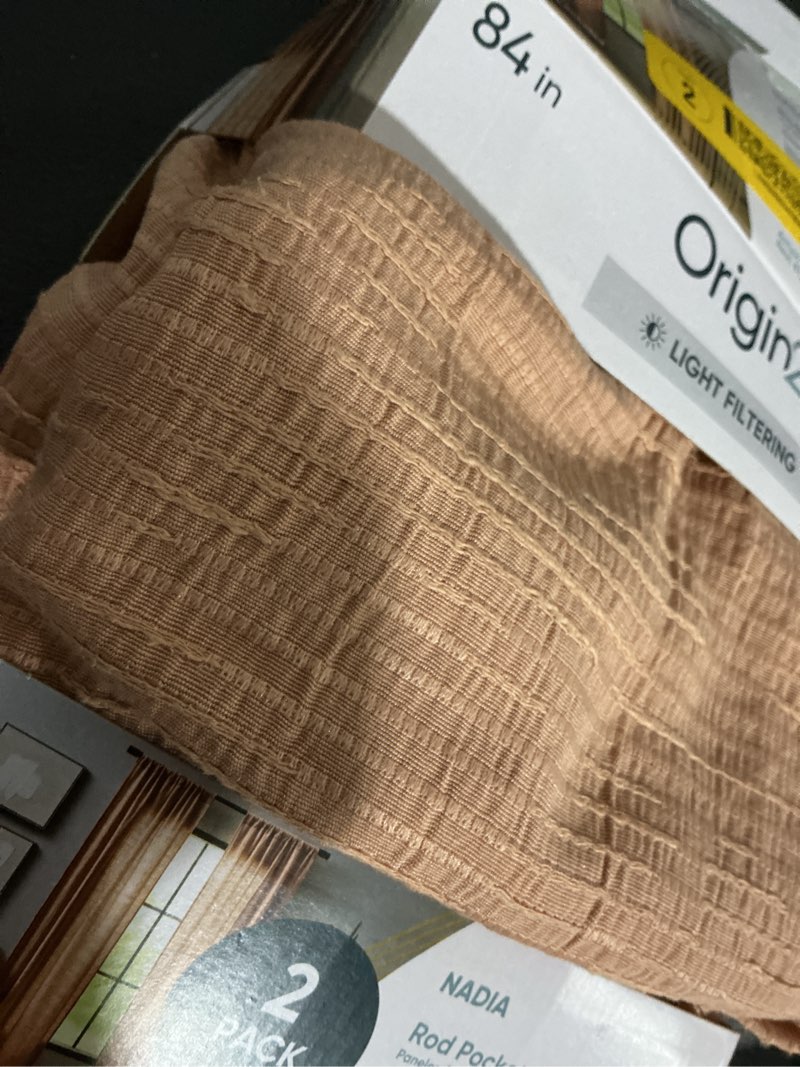 Condition photo showing As Is for origin 21 84-in clay light filtering rod pocket curtain panel pair