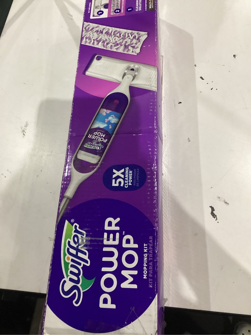 Condition photo showing New/Like New for swiffer powermop multi-surface mop kit for floor cleaning, includes powermop, 2 mopping pad refills, 1 cleaning solution with fresh scent and 2 batteries purple and white