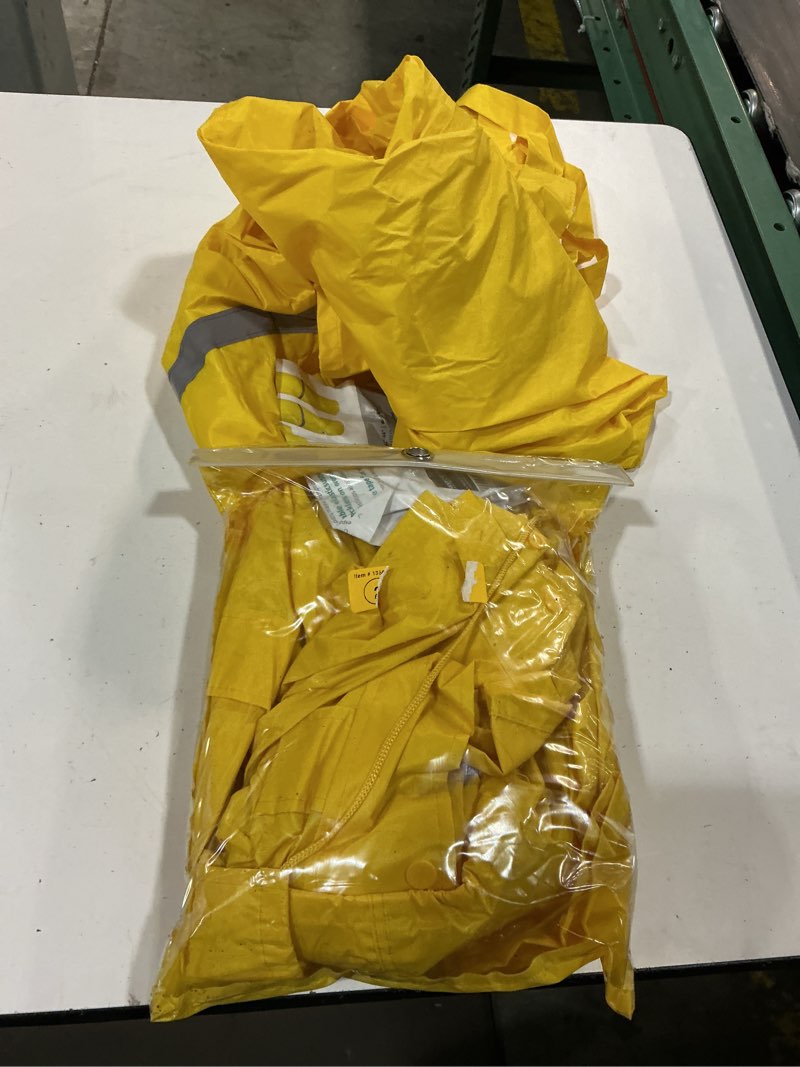 Condition photo showing As Is for safety works 3-piece men's large yellow rain suit