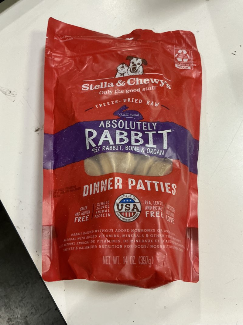 Condition photo showing New/Like New for (BBD 08/20/2025). Stella & Chewy's Freeze-Dried Raw Dinner Patties - Absolutely Rabbit Recipe - High Protein Grain-Free Puppy & Dog Food - Perfect For Picky Eaters - 14 oz Absolutely Rabbit 14 Ounce (Pack of 1)