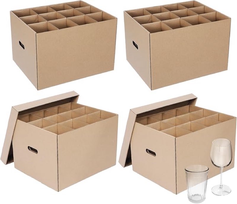 4 Pack Wine Glass Moving Boxes Kitchen Moving Boxes with Handle Kitchen Kit with Lid for Dish Glassware(Brown,15 x 12 x 10 Inches)