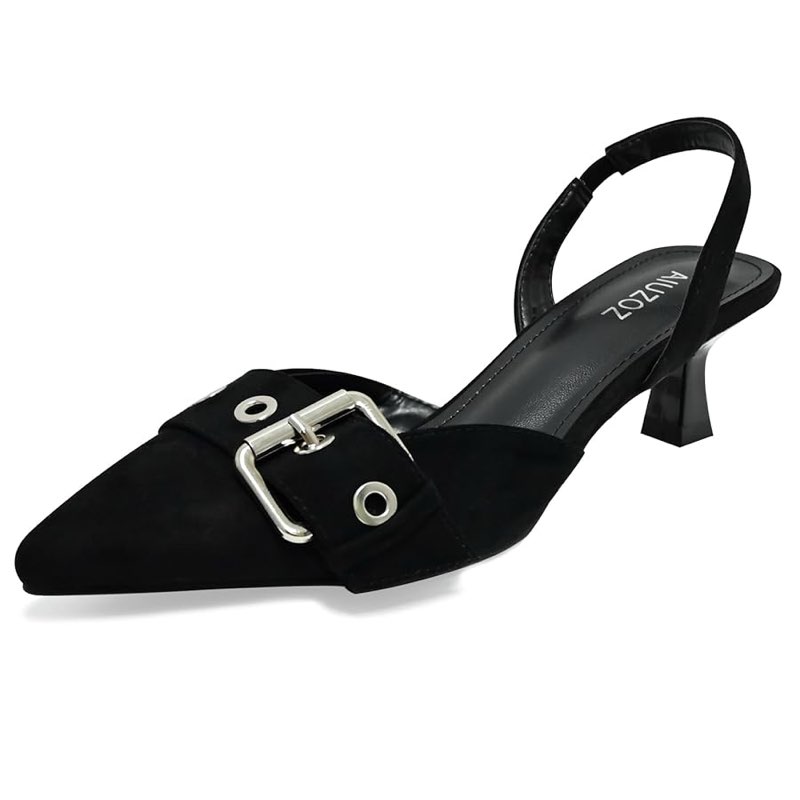 AIUZO Women's Slingback Kitten Heels 2.3IN Pointed Toe Low Heel Pumps Buckle Closed Toe Formal Party