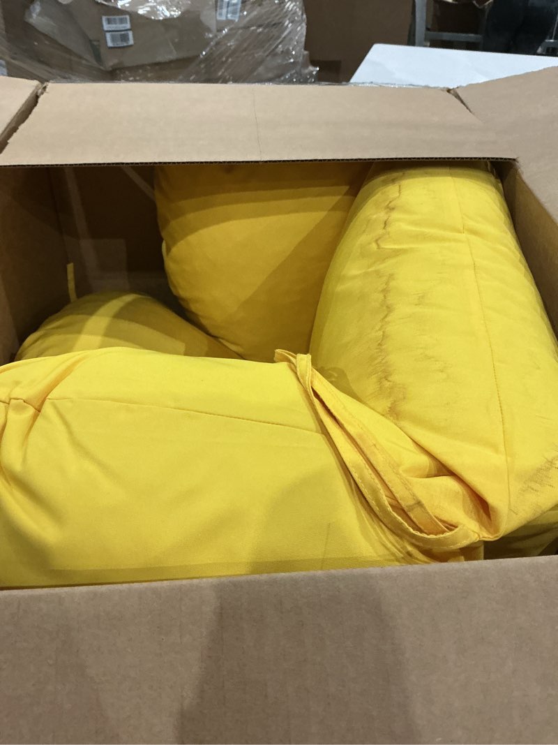 Condition photo showing As Is for outdoor egg chair cushion with 8 securing straps, water-repellent & fade-resistant, removable cover, replacement cushion for most single hanging swing egg chairs – yellow