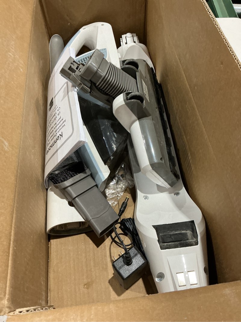 Condition photo showing As Is for kenmore ds1020 16v cordless stick vacuum lightweight 2-in-1 handheld, led headlight with 2-speed power control for hardwood floor, carpet & pet hair, 16 volts, gray-blue