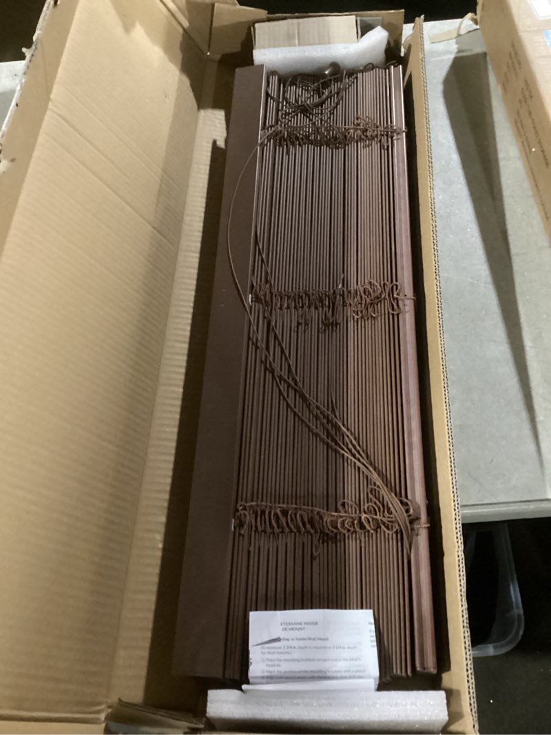 Condition photo showing As Is for eclipse 2in. faux wood blinds, 28"w x 64"l in dark oak - cordless window blinds, certified safe for children & pets, light filtering, wand tilt and smooth easy operation, window shades for home faux wood 28"w x 64"h dark oak