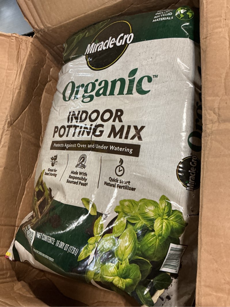 Condition photo showing As Is for miracle-gro organic indoor potting mix, protects against over and under watering, for indoor container plants, houseplants and starter plants, omri listed, 16 qt.