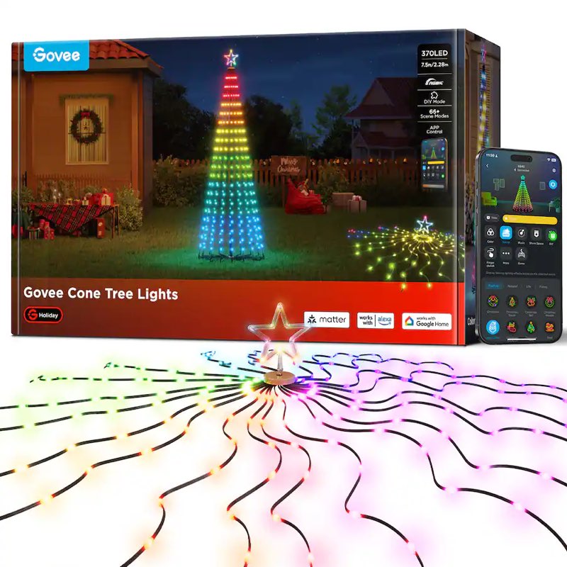 Govee - 7.5ft RGBIC Cone Tree Lights, with Smart voice & App Control, IP67 Waterproof for Christmas, 82+ Scene Modes - Black