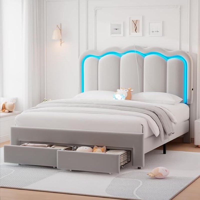(incomplete) queen upholstered led bed frame with 2 storage drawers and adjustable chic double wavy headboard, velvet prince platform bed with charing station, solid wood slats support,no box spring needed,grey