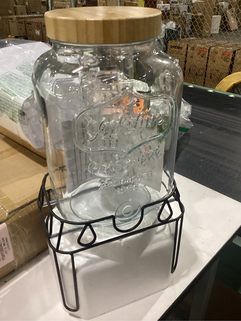Condition photo showing As Is for 2 gallon glass drink dispenser with stand and bamboo lid, lemonade dispenser with stainless steel spigot, glass beverage dispenser for parties, weddings, kombucha, bbq