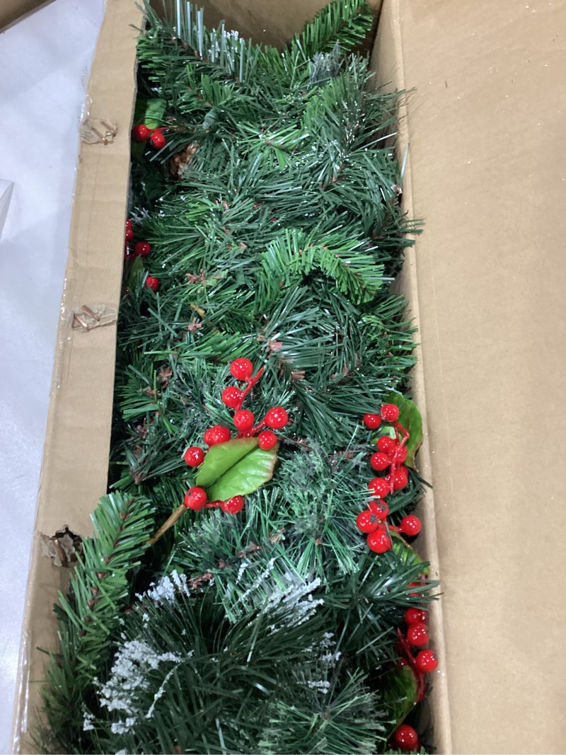 Condition photo showing New/Like New for National Tree Company 9 ft Pre-Lit Wintry Pine Flocked Artificial Christmas Garland, Christmas Decoration with Pinecones, Red Berries, 100 Clear Lights, 184 Tips, Green
