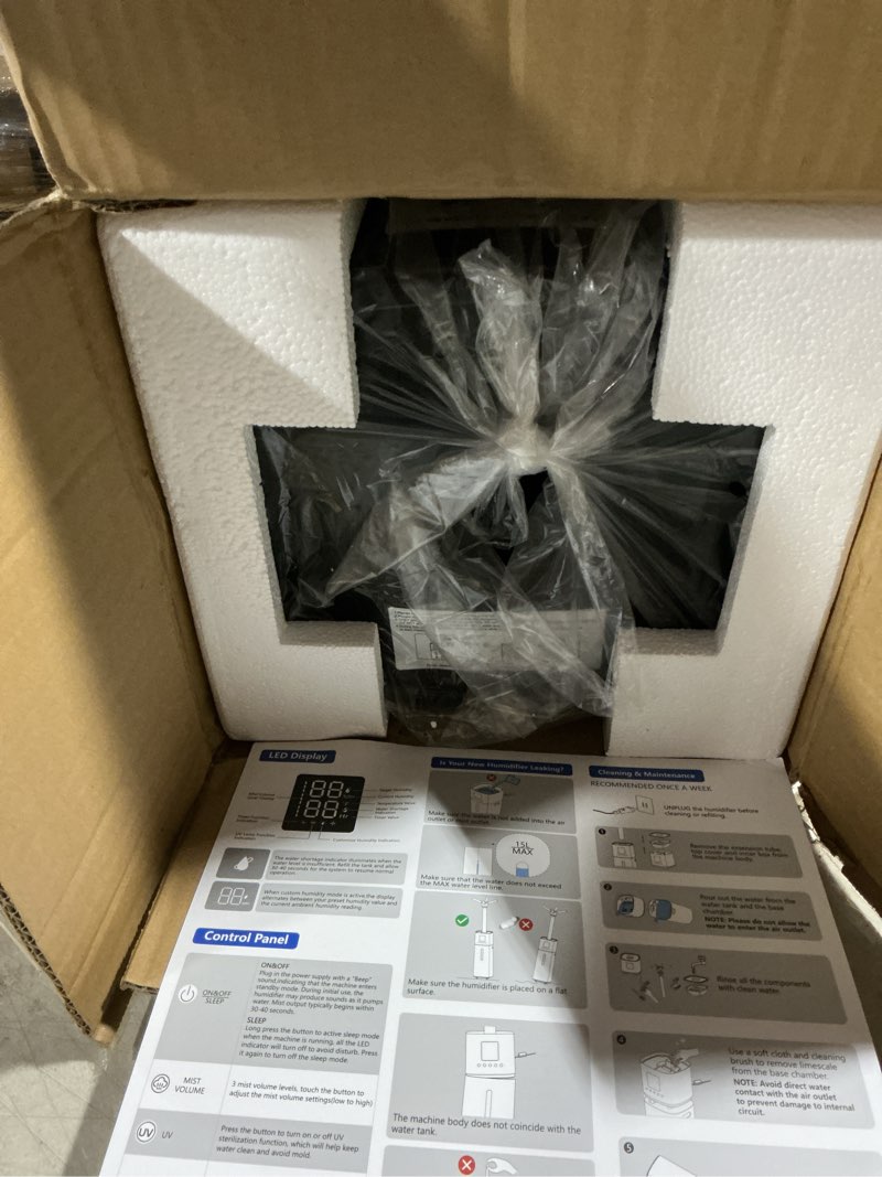 Condition photo showing As Is for 15l/4gal humidifier large room, 600ml/h misting, 1200ft² coverage, auto humidity control, 72h runtime, top fill, aroma diffuser, sleep mode, 12h timer, auto shutoff protection