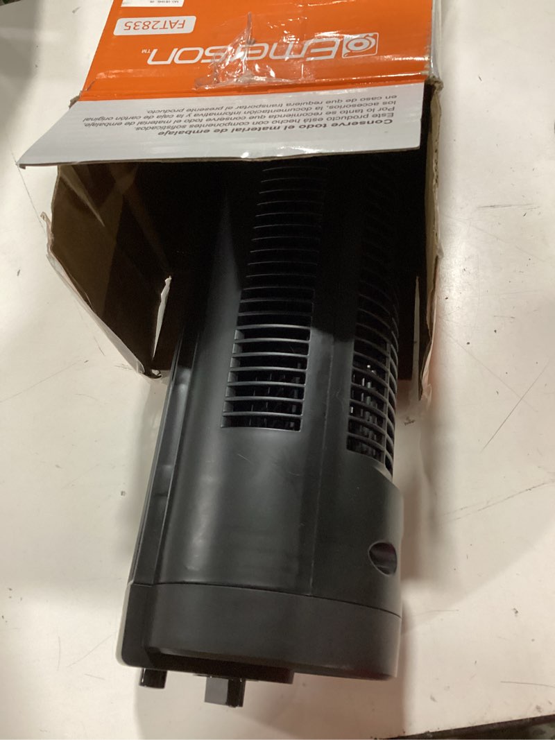 Condition photo showing Good Condition for emerson fat2835 tower 60 degree oscillating fan, 3 speed settings with manual knob, and convenient carry handle, black