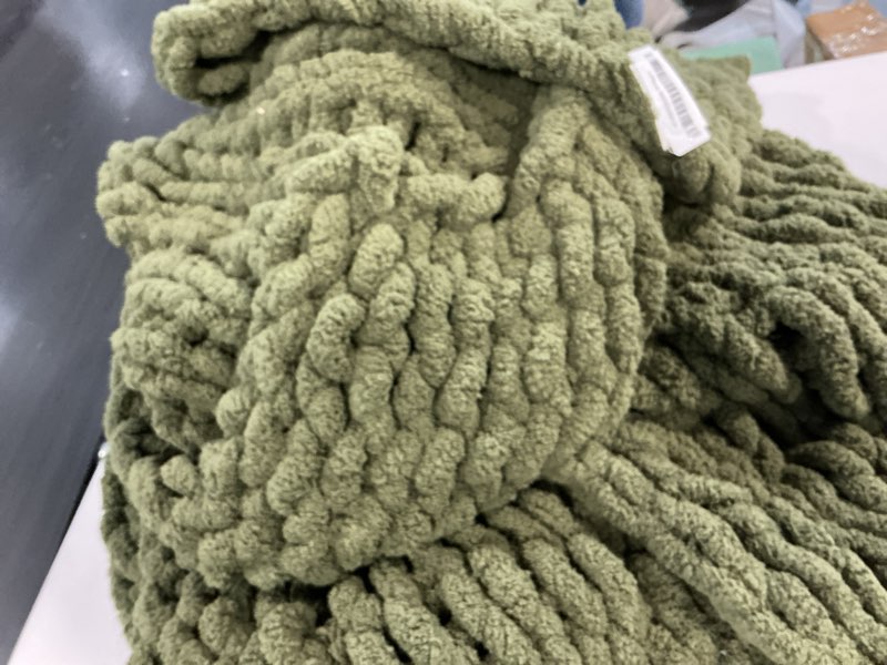 Condition photo showing As Is for weshiongoo chunky knit blanket throw 51"×63" knitted throw blankets for couch bed fluffy soft blanket with jumbo chenille yarn thick 100% handmade (olive green) olive green 51"x63"(large size throw)