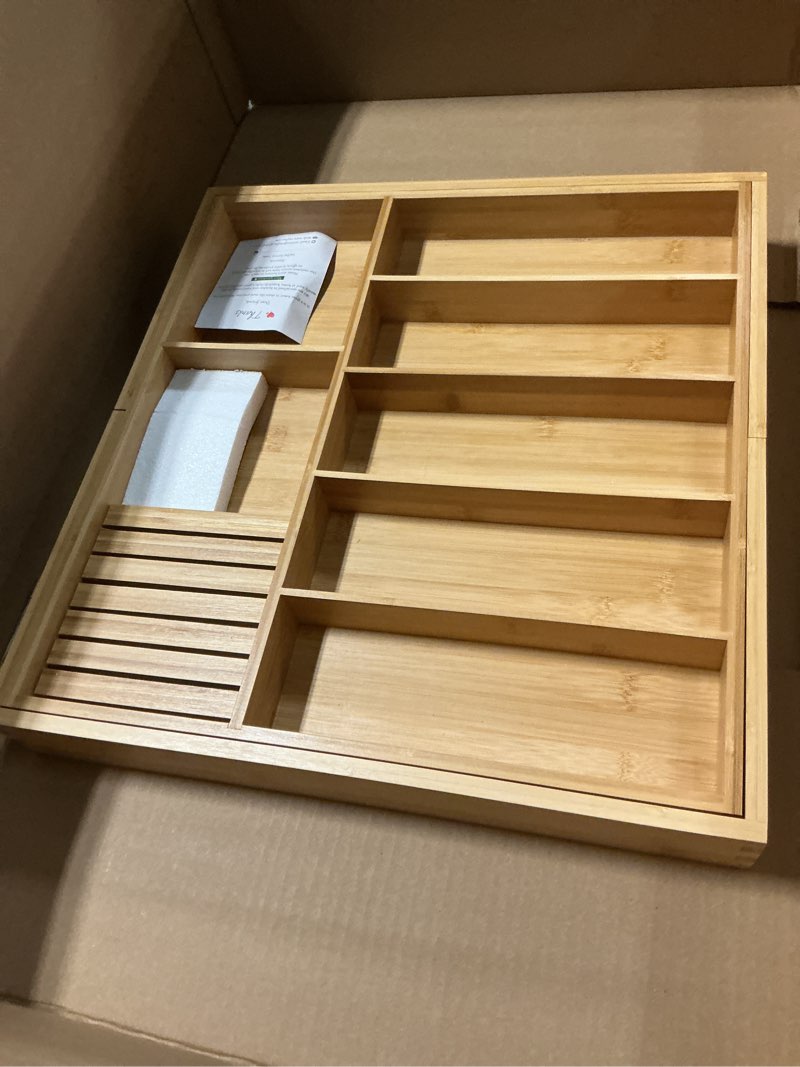 Condition photo showing Good Condition for vaefae extra large kitchen utensil holder, bamboo silverware drawer organizer, expandable cutlery organizer with knife block, multifunctional drawer divider 17.91" to 31.1" wide