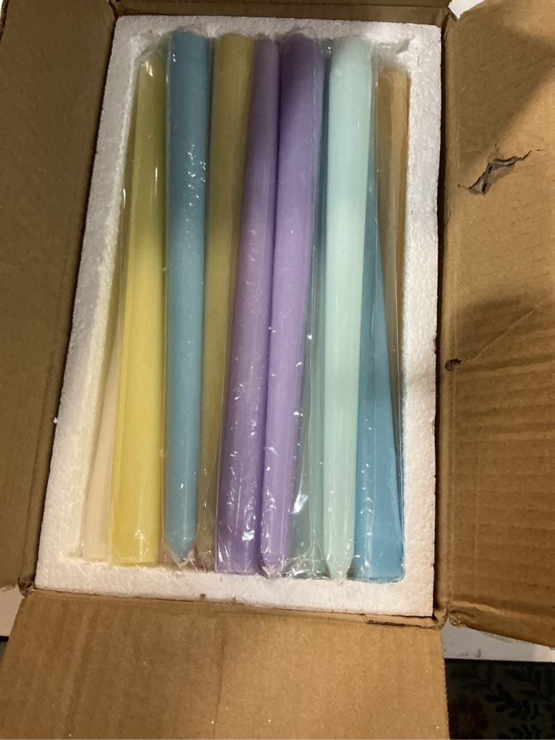 Condition photo showing Good Condition for mtlee 32 pcs long taper candlestick bulk 10 inch colorful tapered candle smokeless unscented candlestick paraffin wax with cotton wick for dinner wedding party church home decor (macaron) macaron 32