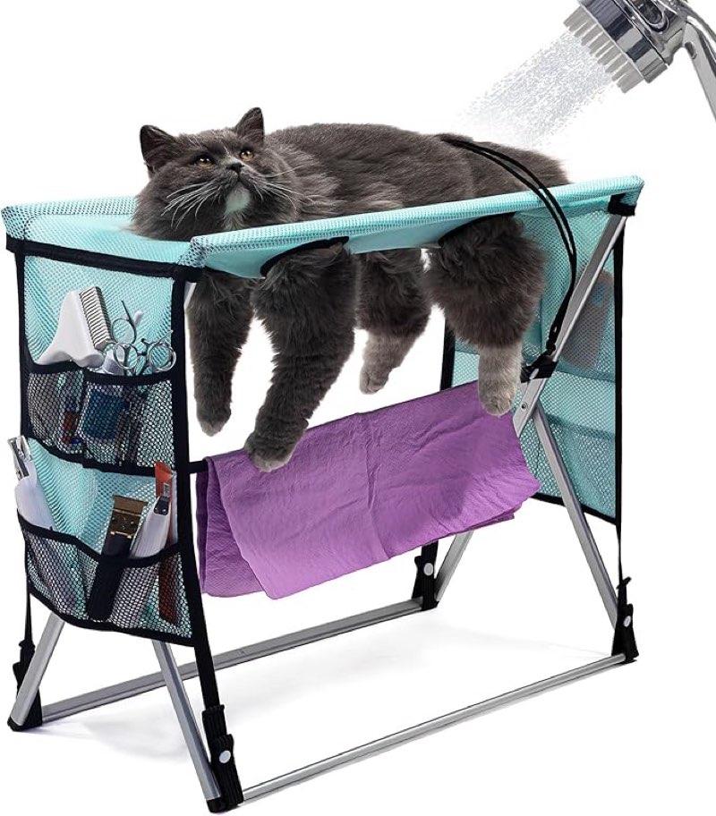 Cat Grooming Hammock & Pet Bathing Table - Anti-Scratch Foldable Design with 3 Safety Straps, 4 Leg Holes, 2 Tool Pockets - Supports Up to 20 lbs, Portable for Nail Trimming, Drying, Grooming
