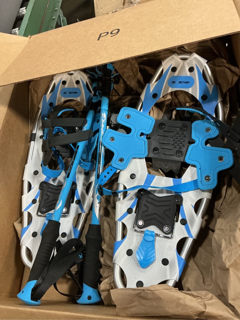 Condition photo showing Good Condition for G2 21 Inches Blue Light Weight Snowshoes for Women Men Youth, Set with Trekking Poles, Tote Bag, Special EVA Padded Ratchet Binding, Heel Lift, Toe Box