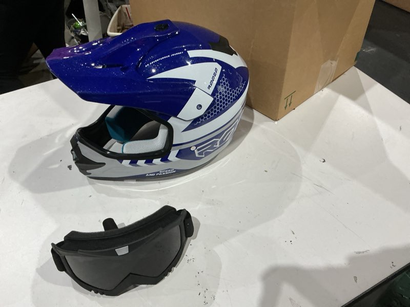 Condition photo showing As Is for youth dirt bike helmet dot certified - full face motorcycle helmet for off-road, atv, street riding, includes adjustable goggles & protective gloves
