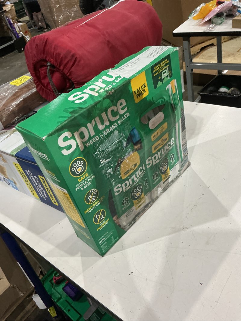Condition photo showing As Is for spruce weed & grass killer kit, 1 power spray starter kit and 1 refill, 64oz x 64oz