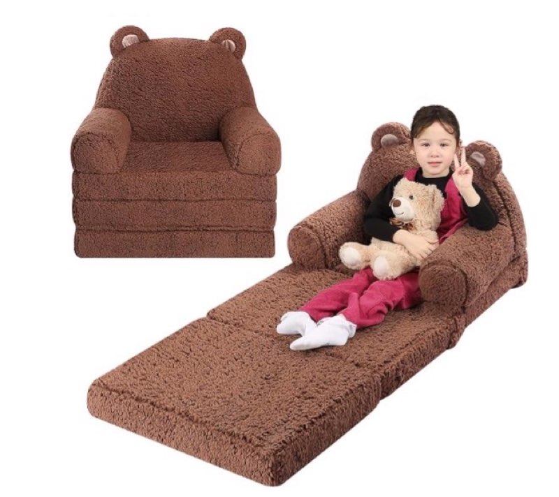 kids sofa, sherpa couch with tri-layer foam cushions, comfy seating for kids age 3–6 years, brown