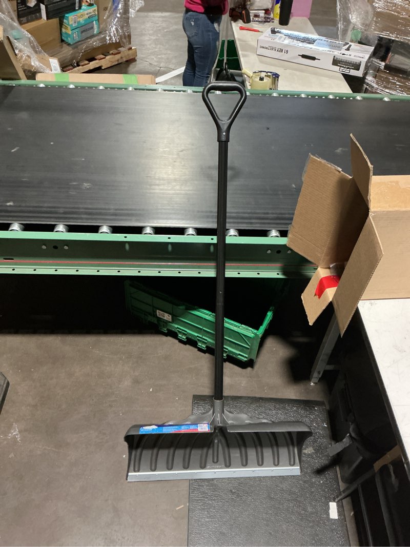 Condition photo showing item condition for Suncast 27” Steel Core Snow Pusher with Curved Blade, D-Grip Handle, Steel Shaft, Heavy-Duty Snow Removal Tool for Effortless Clearing