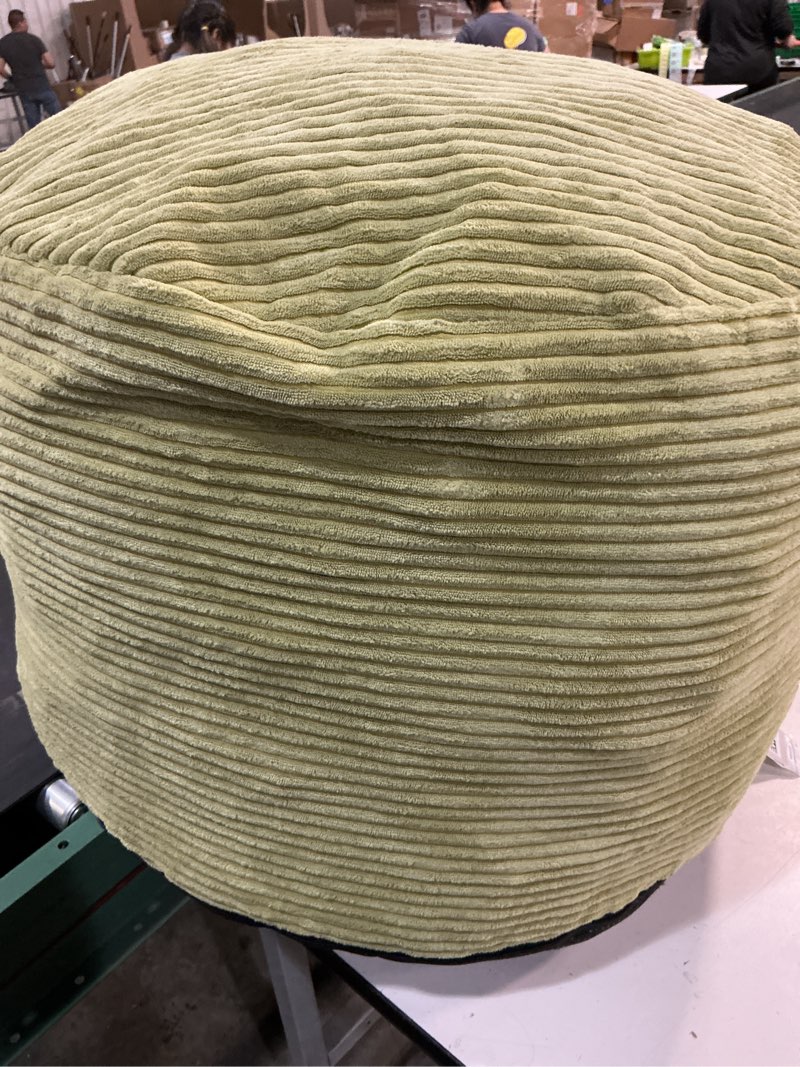 Condition photo showing As Is for HIGOGOGO Round Stuffed Pouf Ottoman, Corduroy Poufs with Foam Chunk Filling, Furry and Fluffy Pouf Foot Stool Storage Ottoman, 26 X 18 Floor Poufs Foot Rest for Living Room, Green 26 inch Green