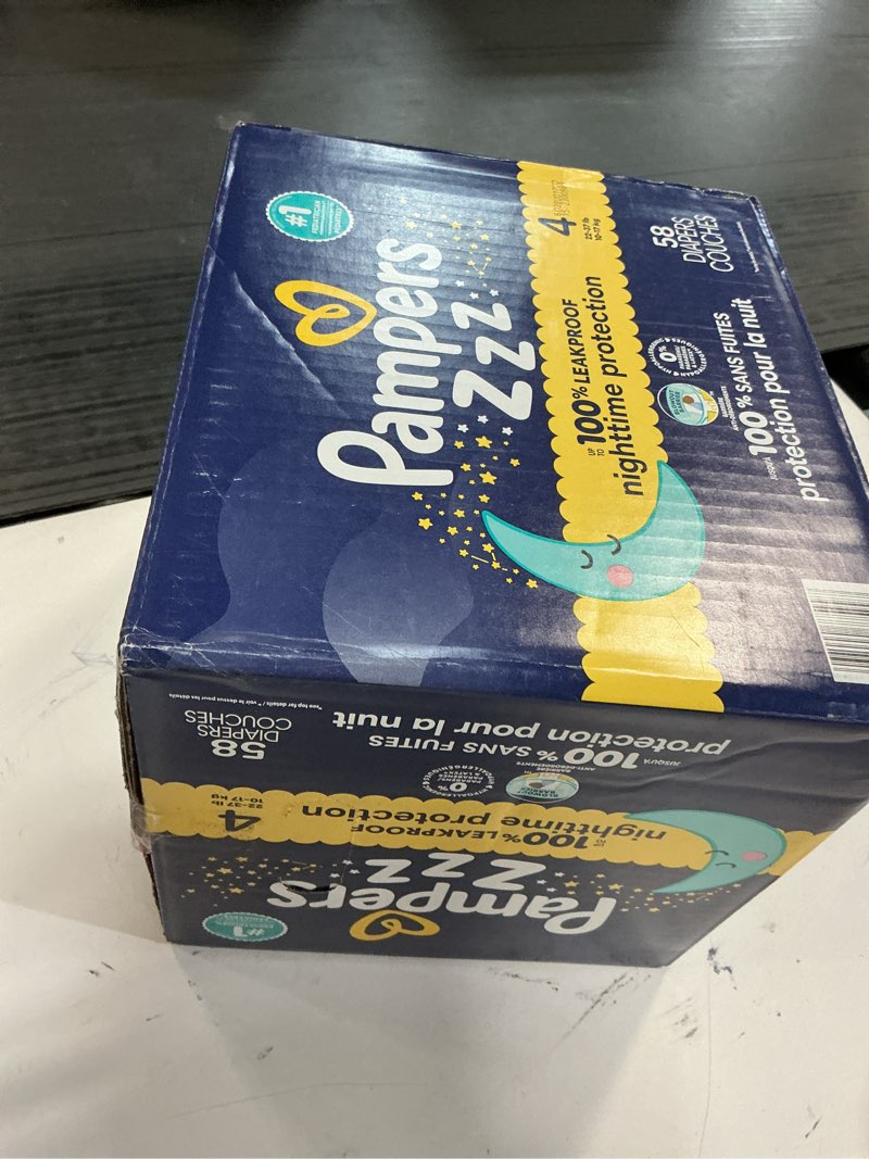 Condition photo showing New/Like New for pampers zzz overnight diapers, size 4 (22-37 lbs), 58 count, nighttime protection disposable baby diaper, night time leak and skin protection size 4 58