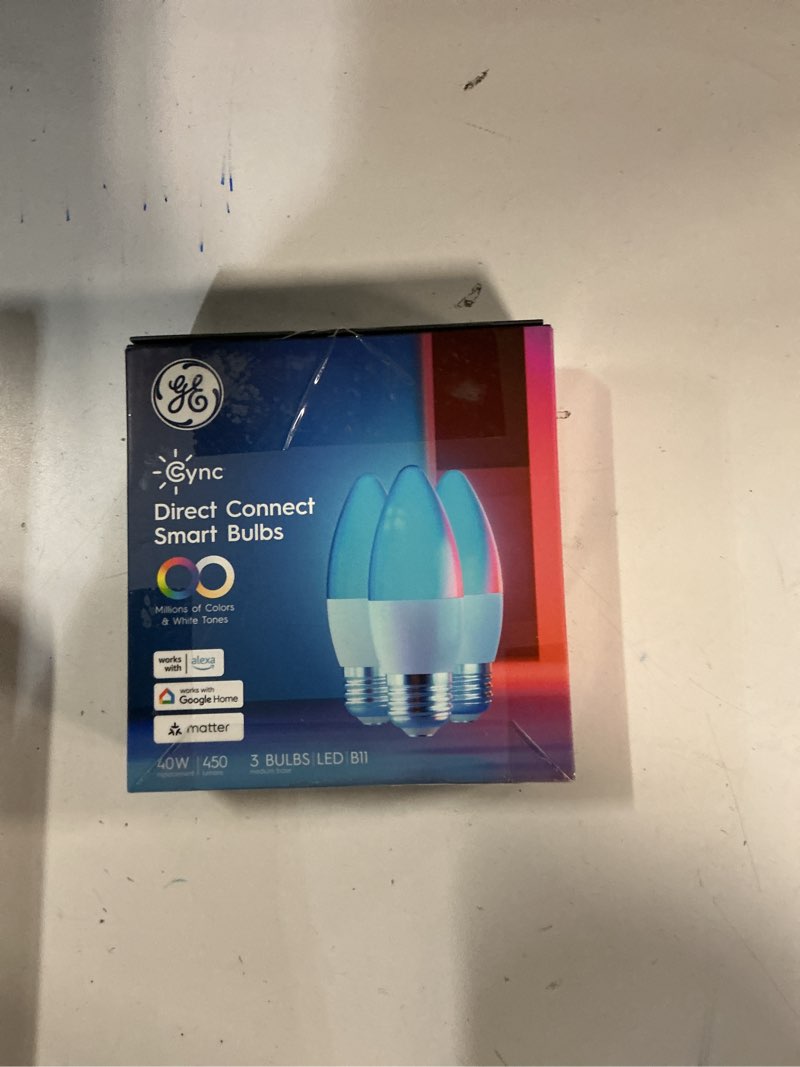 Condition photo showing New/Like New for GE Cync Smart LED Light Bulbs, Color Changing Decorative Light Bulbs, Indoor WiFi Lights, Matter Compatible, Compatible with Alexa and Google Home, Medium Base (3 Pack)