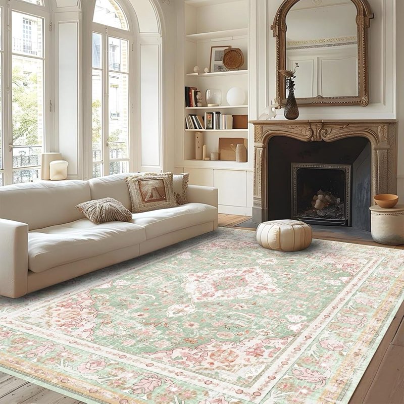 vhong washable area rugs boho vintage modern neutral large carpet green and pink high traffic rug for dinning room living room bedroom farmhouse non slip