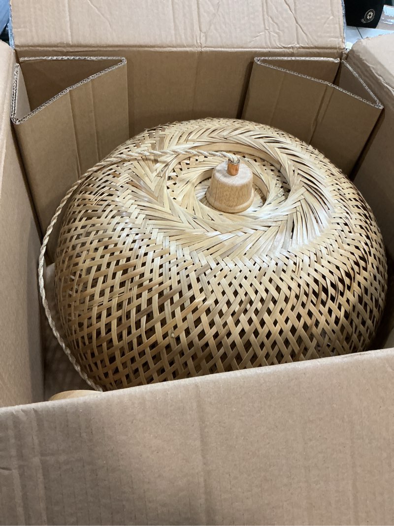 Condition photo showing As Is for Farmhouse Chandelier Light Fixture, 5-Light Rattan Boho Chandeliers for Dining Room, Hand Woven Pend