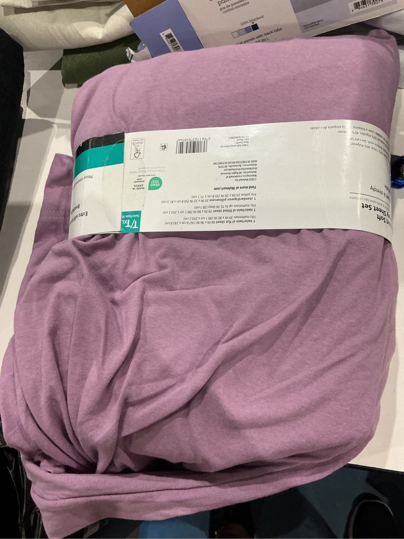 Condition photo showing Good Condition for mainstays cotton rich extra soft jersey bed sheet set  twin-xl  lilac bloom  3 pieces