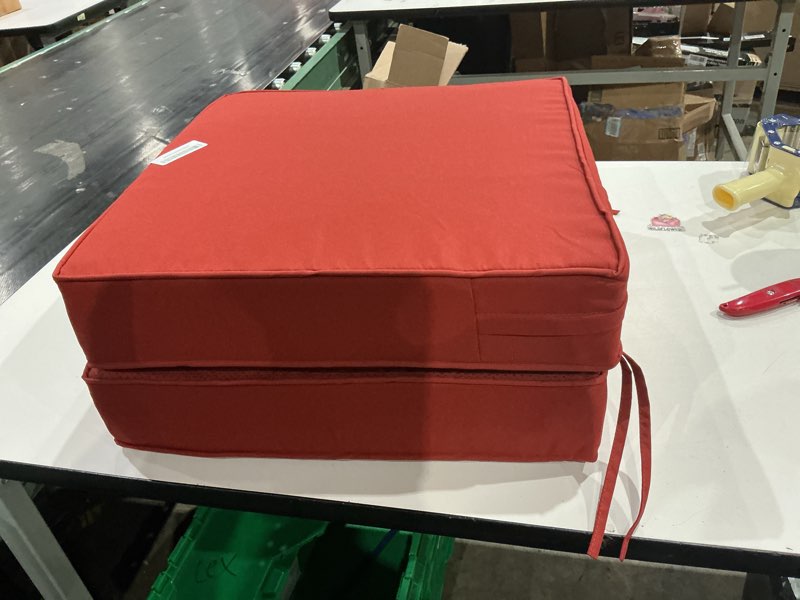 Condition photo showing As Is for outdoor chair cushion 19 x 19 x 4 inches patio furniture outdoor waterproof seat cushion, patio chair cushion with handles and ties, square dining chair cushion set of 2, terra red 19×19×4 in terra red 2