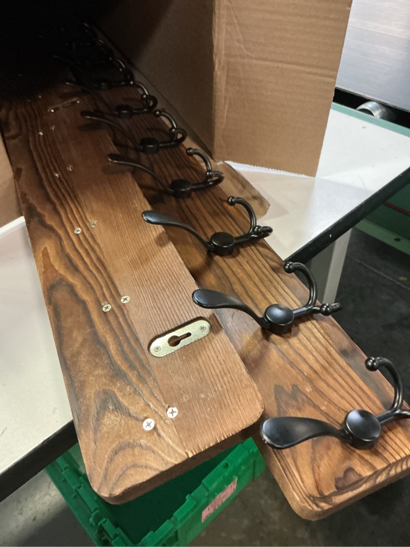 Condition photo showing Good Condition for skoloo rustic large wall mounted coat rack-38.6'' long coat rack for wall, pine solid wood coat rack hook, farmhouse coat hanger wall mount for hanging jacket coat hat, pack of 2 2 item-10 hooks brown plate & black hook