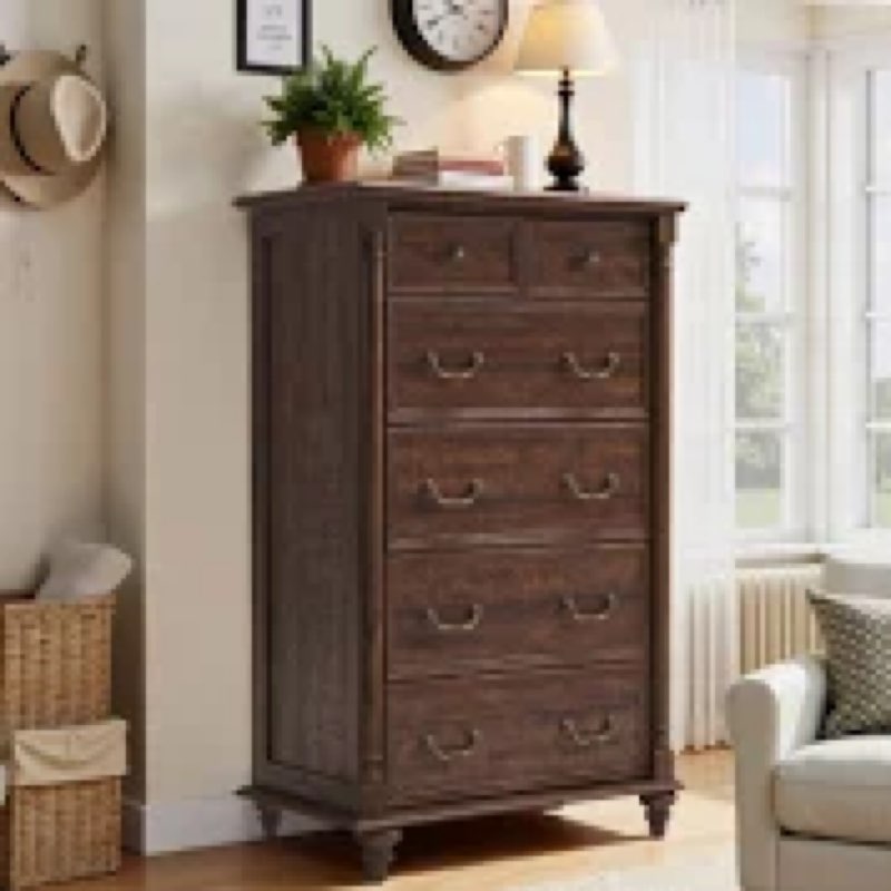 Helmick Farmhouse 6 Drawers Dresser Wood Rustic Dresser Chest of Drawers with 2 Size Drawers for Bedroom, Living Room