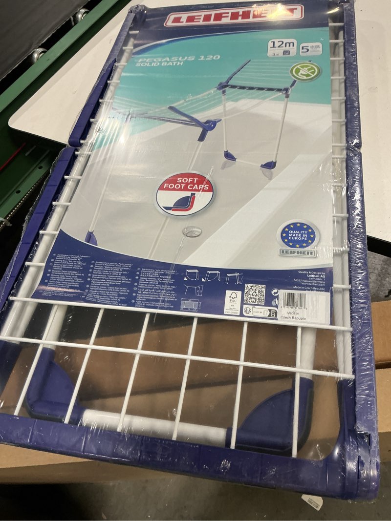 Condition photo showing Good Condition for leifheit pegasus 120 solid comp folding clothes drying rack includes wings for longer garments, blue and white