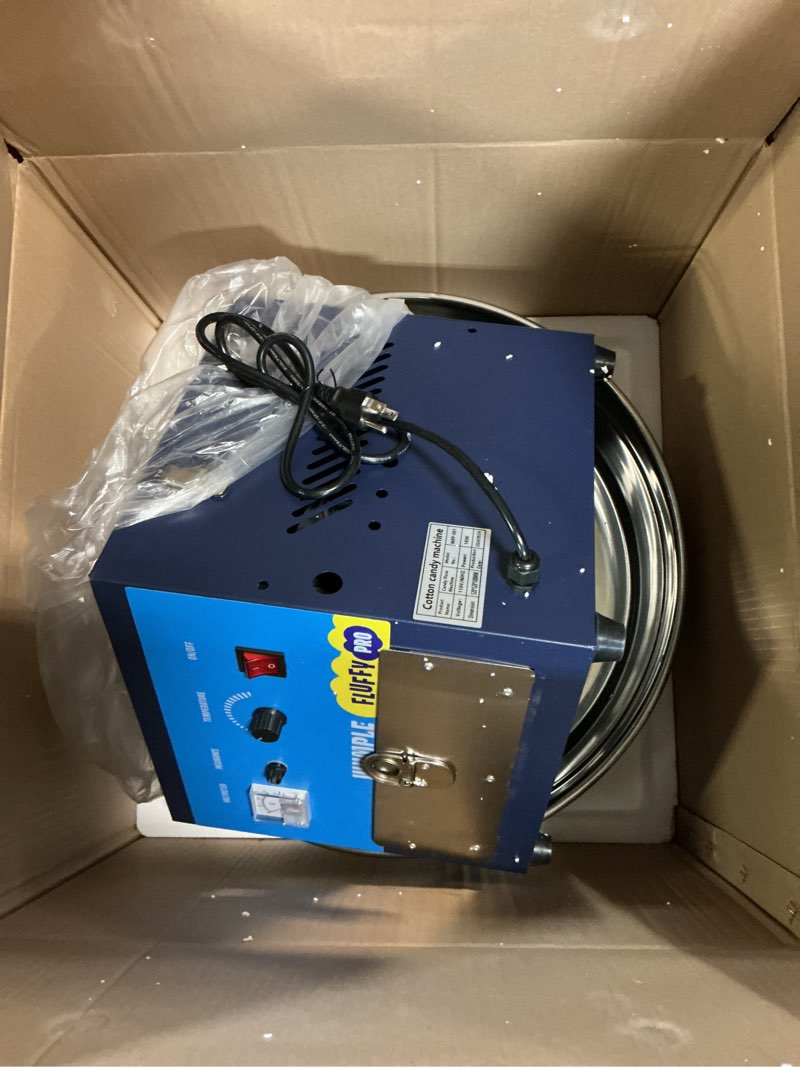 Condition photo showing As Is for professional cotton candy machine - commercial electric maker with drawer & large stainless steel bowl - fast heat-up - perfect for parties & business - blue machine only