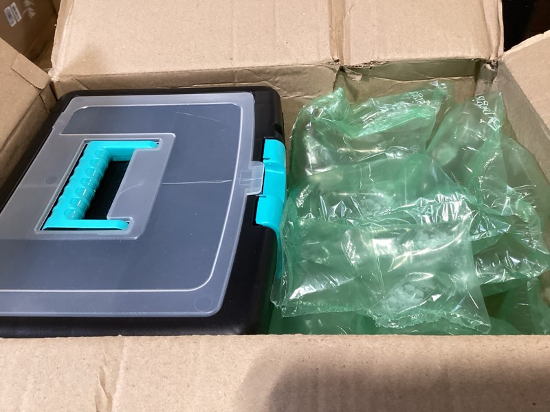 Condition photo showing New/Like New for storex file storage box with xl storage lid, 10-7/8 x 13-1/4 x 11 inches, black/teal