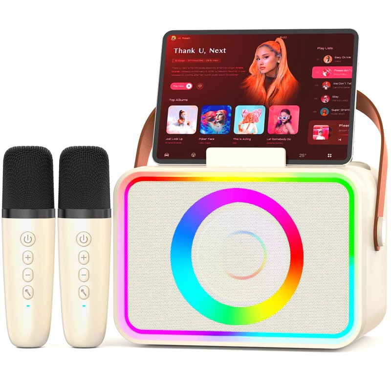 Karaoke Machine,Portable Bluetooth Speaker with 2 Wireless Microphone for Adults & Kids with LED Lights, Karaoke Microphone with PA System Supports USB/TF/AUX,Gift for Party ( beige)