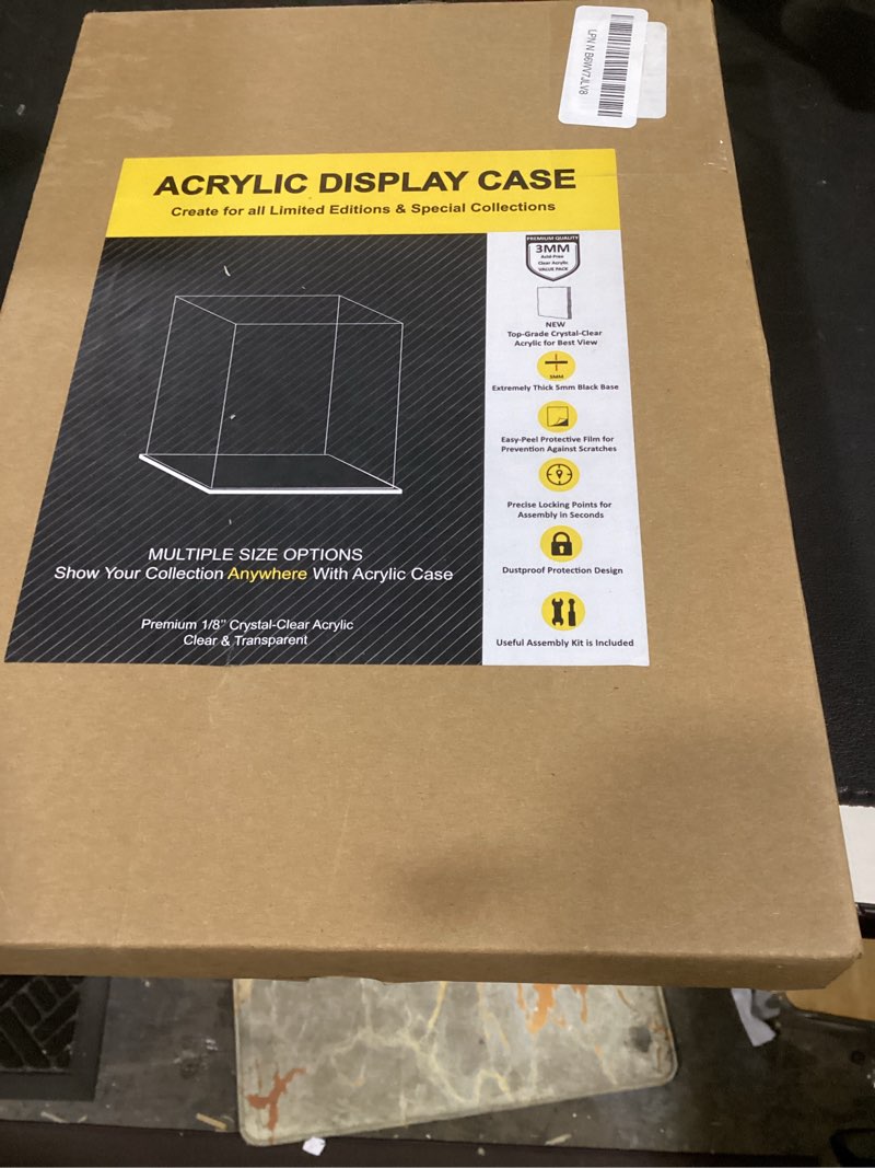 Condition photo showing New/Like New for acrylic display case for collectibles, dustproof acrylic box with clear display elevation & gold risers, large display case for figures toys memorabilia, 8" l x 8" w x 9.6" h 8"l x 8"w x 9.6"h