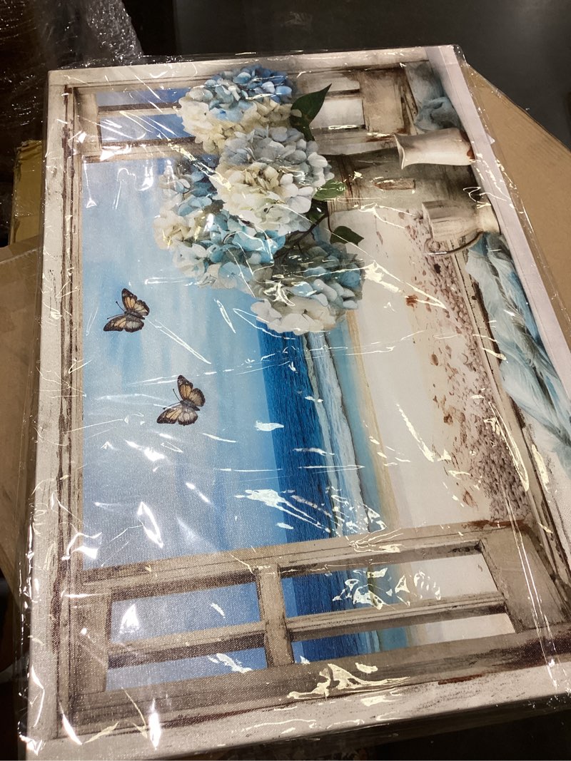 Condition photo showing Good Condition for vintage ocean view window canvas wall art, high-resolution print with fresh blue and white hydrangeas and butterflies, rustic style decor for bathroom, bedroom, office framed 16"x24" 24"l x 16"w beach flower-1