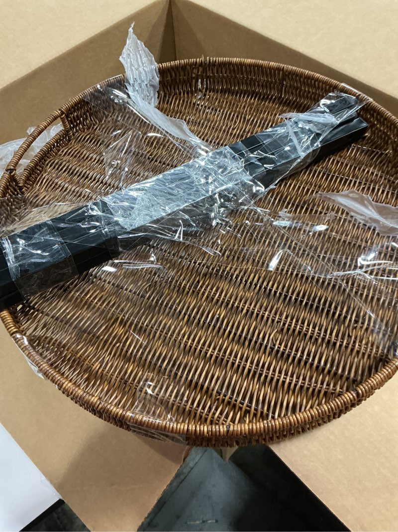 Condition photo showing Good Condition for Brown Small Round End Table, 19in Rattan End Tables, Wicker Rattan Side Table, Round Sofa Side Table, Indoor Outdoor Side Tables for Patio, Living Room Bedroom Office 19"D x 19"W x 19.75"H