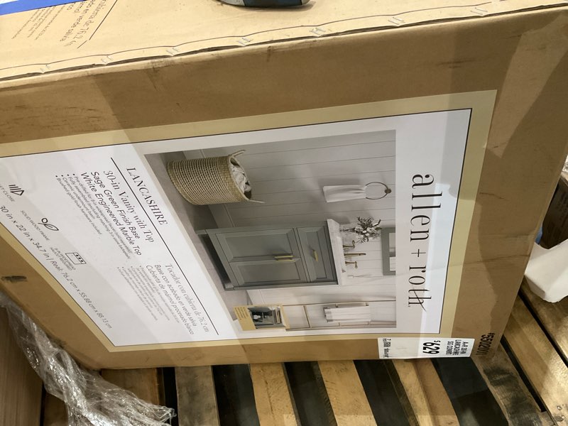 Condition photo showing As Is for allen + roth lancashire 30-in sage green undermount single sink bathroom vanity