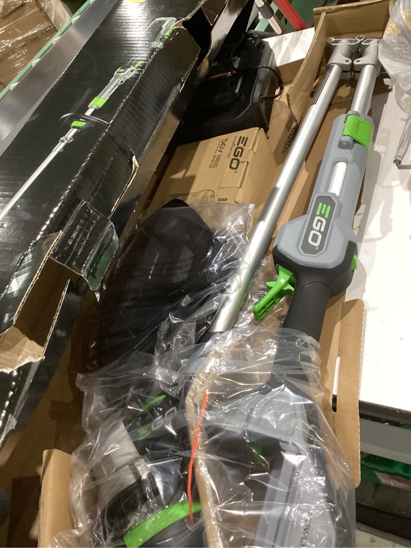 Condition photo showing As Is for ego powerload 56-volt 15-in telescopic shaft battery string trimmer 2.5 ah (battery and charger included)