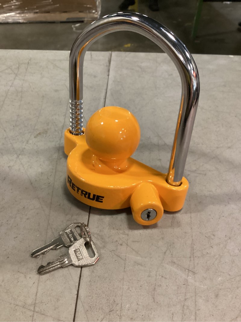 Condition photo showing New/Like New for retrue universal coupler lock trailer locks ball hitch trailer hitch lock adjustable security heavy-duty steel fits 1-7/8 inch, 2 inch, 2-5/16 inch couplers, yellow, lightweight