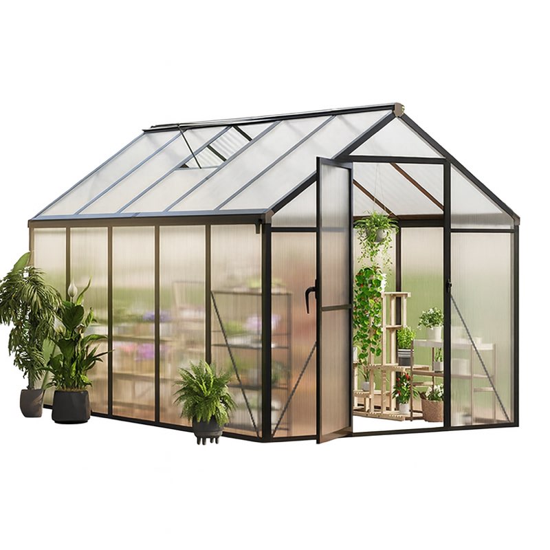 Garvee 6 × 10 ft Walk-In Greenhouse, Polycarbonate Greenhouse with Aluminum Frame, Roof Vent, Gutter System & Lockable Sliding Door for Backyard Garden