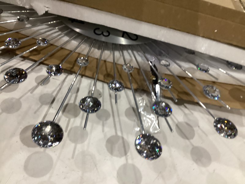 Condition photo showing Good Condition for large wall clock for living room decor non-ticking quiet metal quartz clocks modern dial bling big crystal wall clocks for home kitchen bedroom indoor decorative silver-crystal 24.0*24.0 inch