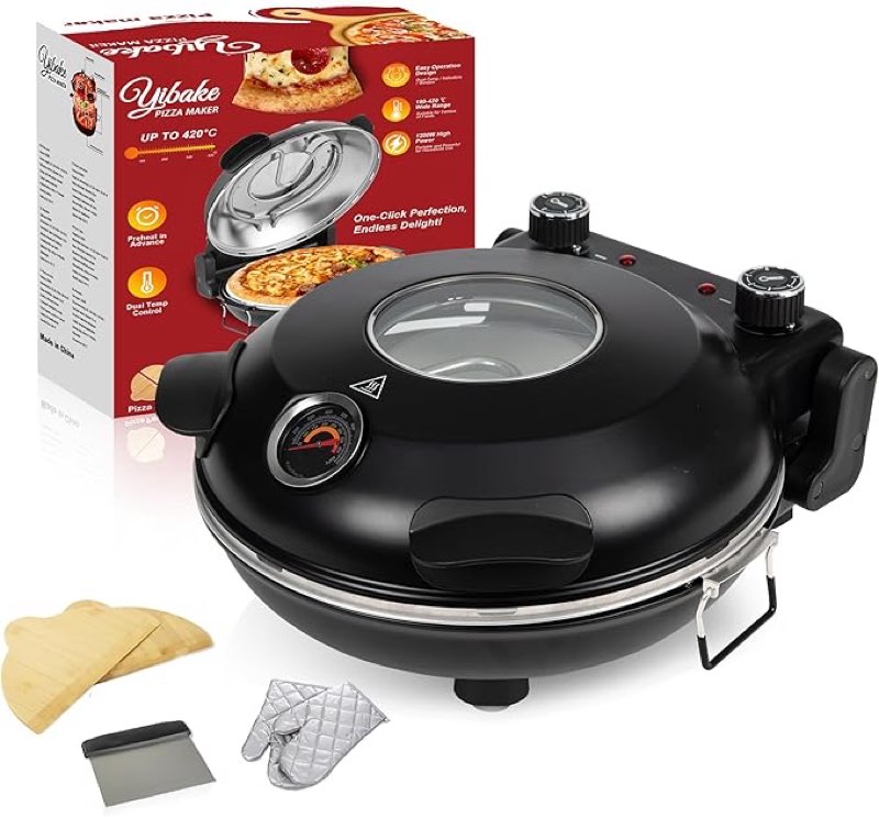 YIBAKE Pizza-Oven-Electric, 31cm Refractory Pizza Stone, 1200W Countertop-Pizza-Maker, 4-Min-Pizza in Pizza Maker, Dual Temp control, with Pizza Peels & Scraper Black