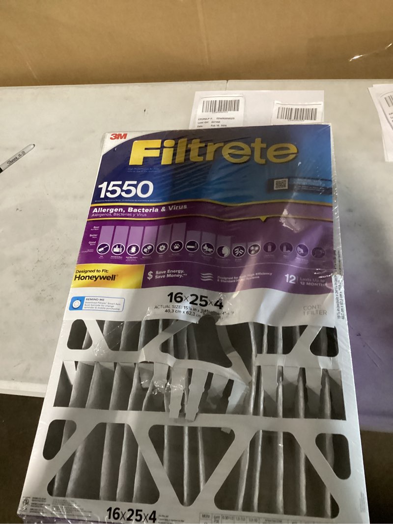 Condition photo showing As Is for Filtrete 16" x 25" x 4" Allergen Bacteria and Virus Deep Pleat Air Filter 1550 MPR: MERV 12 Electrostatic Furnace Filter