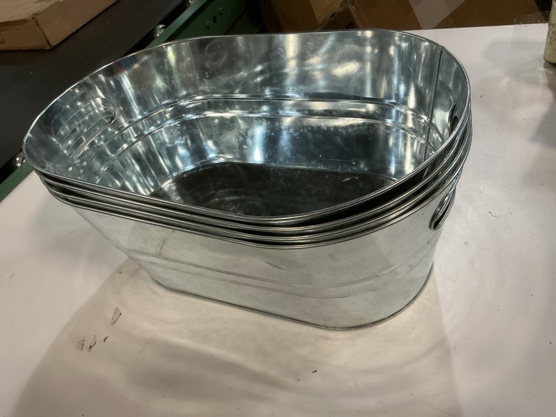 Condition photo showing Good Condition for dndsim 4PCS 3 Gallon Galvanized Tub, Beverage Tub, Ice Buckets for Parties With Carry Handles, Drink Buckets for Parties, Beverage Tubs for Parties, Mimosa Bar Supplies, Large, Silver