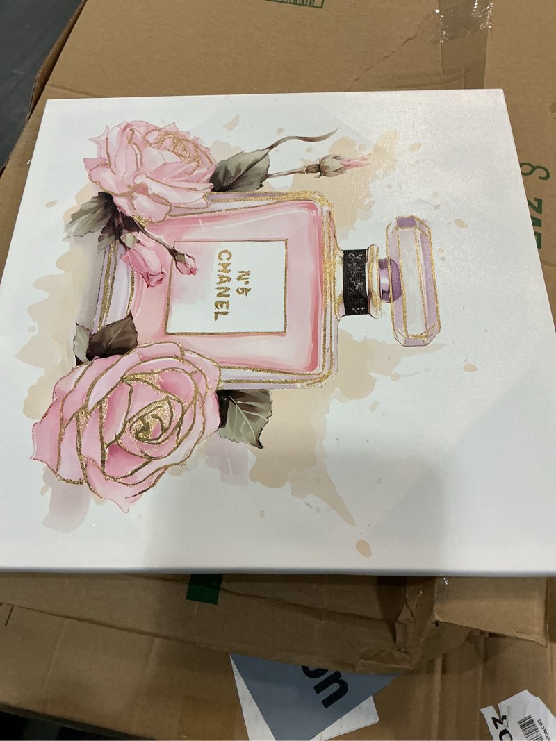 Condition photo showing Good Condition for cozy country Chanel-Inspired Perfume Canvas Wall Art - 20x20 Inches Fashion Artwork Print, Pink Floral Luxury Picture for Bathroom & Lady's Room Decor, Ready to Hang Perfume wall art 20"L x 20"W